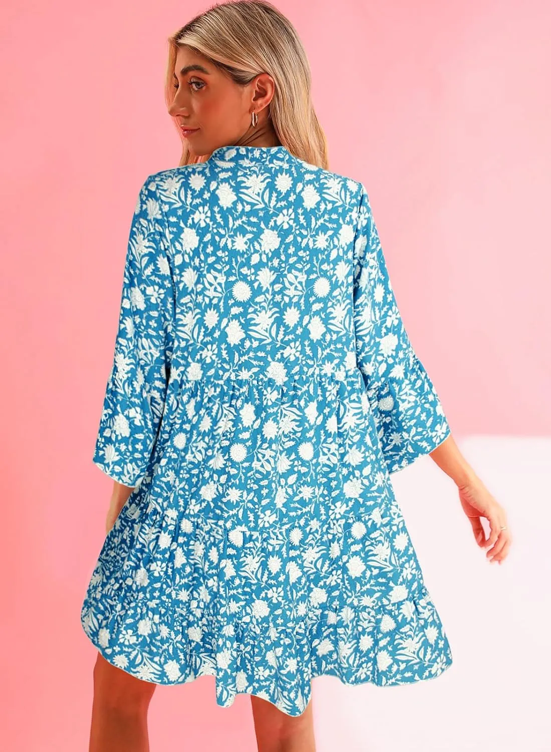 miduo Womens Summer Dress Casual V Neck Buttoned 3/4 Sleeve Bohemian Tribal Print Flowy Mini Dresses