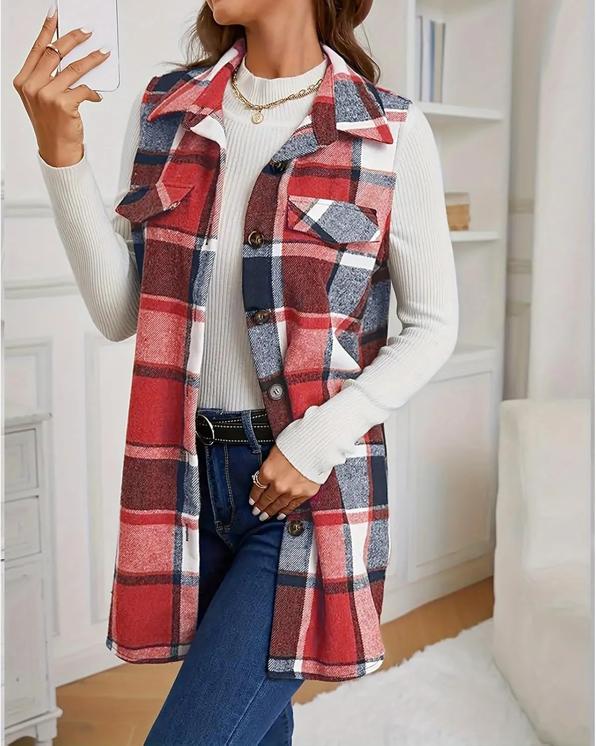 Mmoneyake Plaid Vest for Women Fall Button Down Shirt Jacket Sleeveless Shacket Lightweight Lapel Neck Coat Casual Outwear