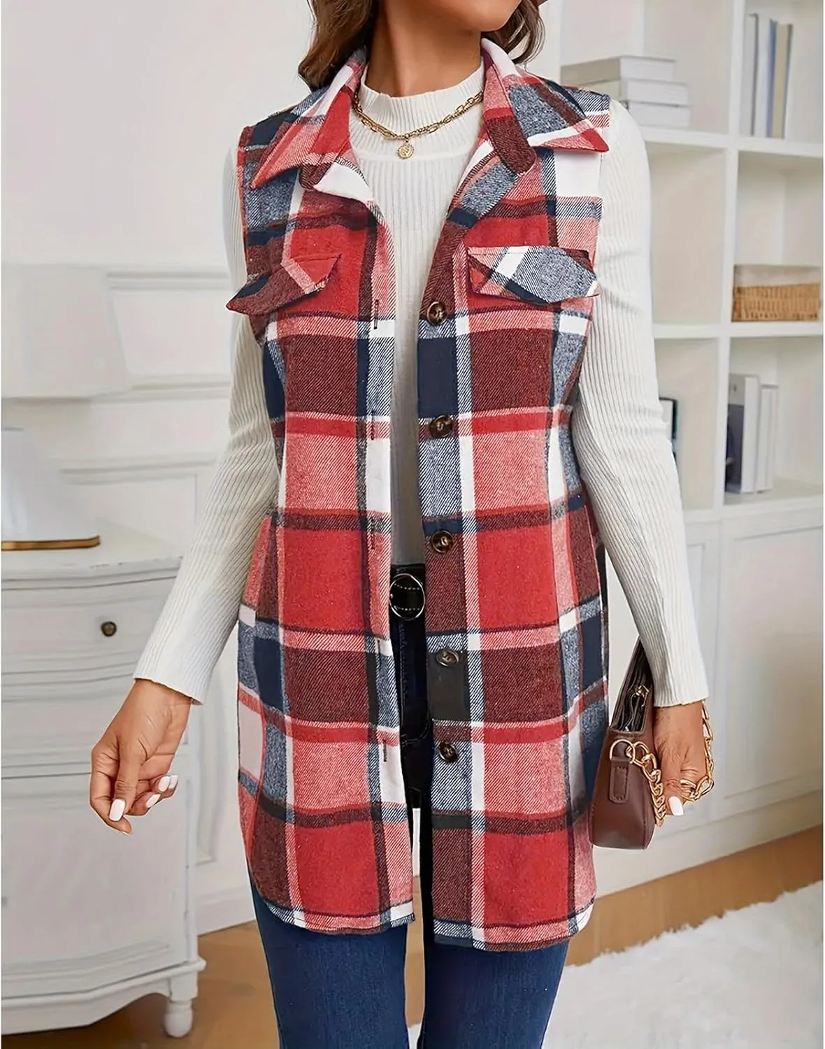 Mmoneyake Plaid Vest for Women Fall Button Down Shirt Jacket Sleeveless Shacket Lightweight Lapel Neck Coat Casual Outwear