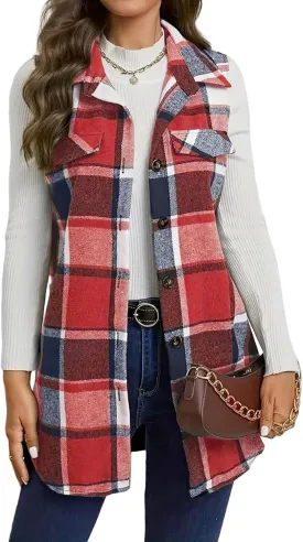 Mmoneyake Plaid Vest for Women Fall Button Down Shirt Jacket Sleeveless Shacket Lightweight Lapel Neck Coat Casual Outwear