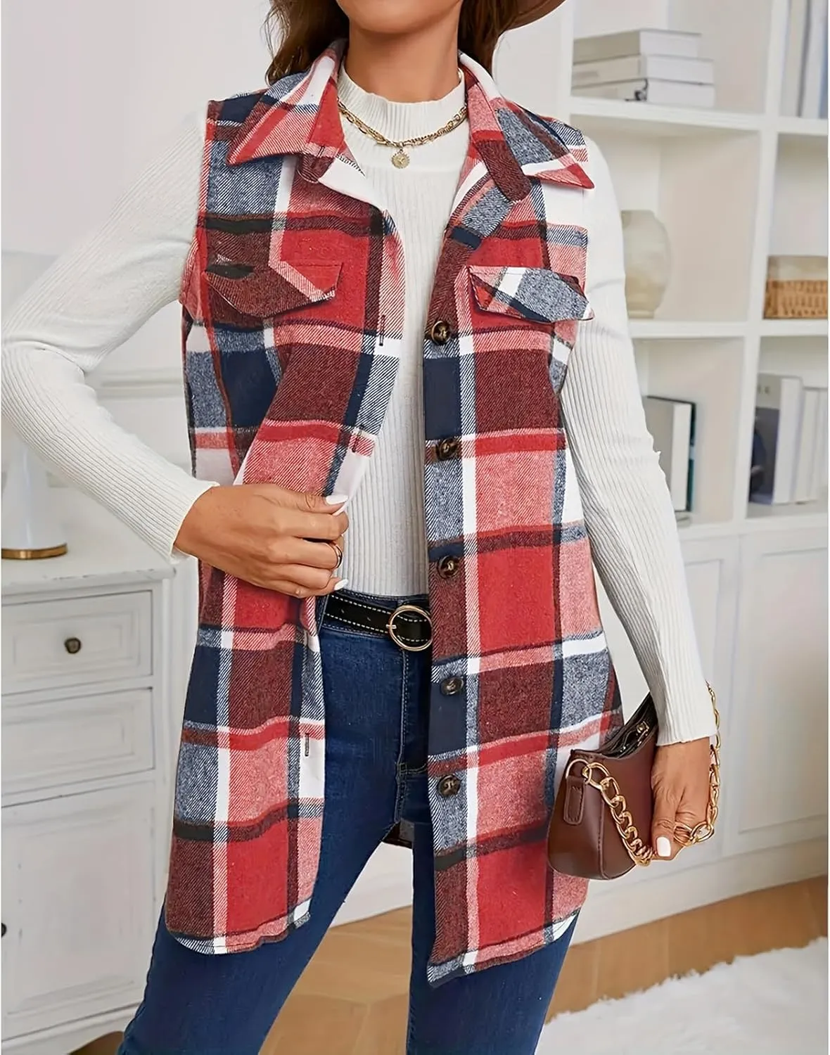 Mmoneyake Plaid Vest for Women Fall Button Down Shirt Jacket Sleeveless Shacket Lightweight Lapel Neck Coat Casual Outwear
