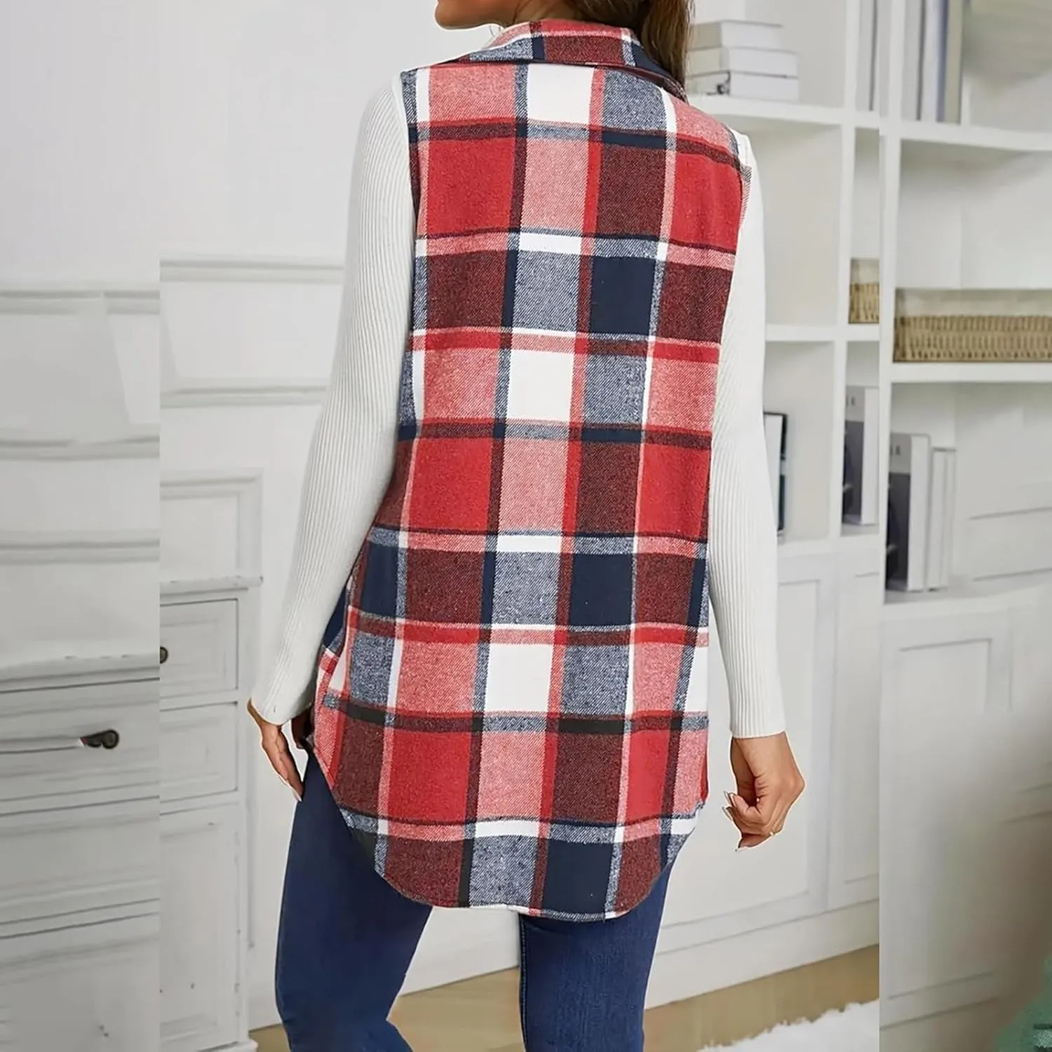 Mmoneyake Plaid Vest for Women Fall Button Down Shirt Jacket Sleeveless Shacket Lightweight Lapel Neck Coat Casual Outwear