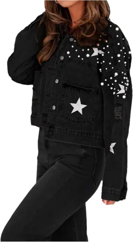 NATHGAM Women Fall Loose Embroidered Pearls Beading Jean Jacket Cropped Denim Jacket Teen Street Jean Coat with Pockets