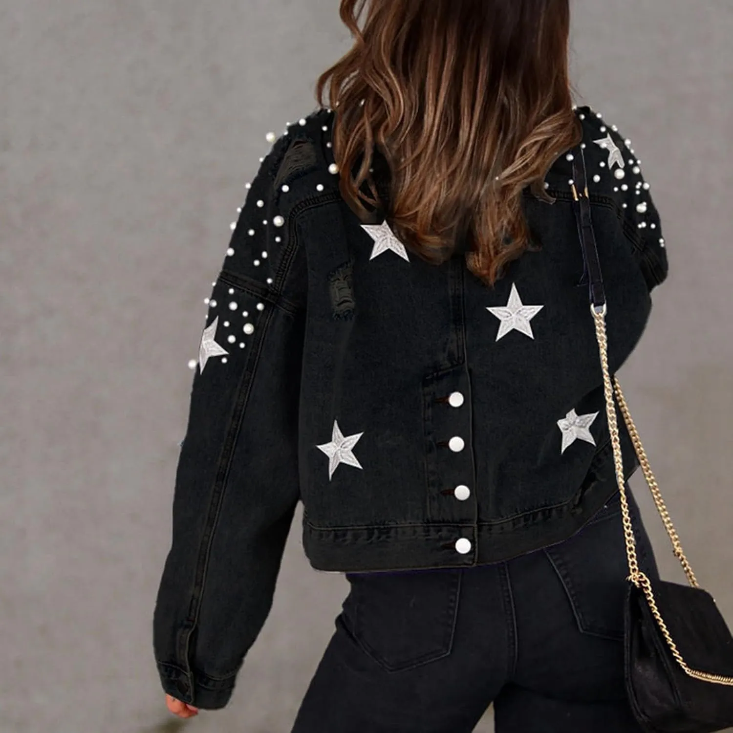 NATHGAM Women Fall Loose Embroidered Pearls Beading Jean Jacket Cropped Denim Jacket Teen Street Jean Coat with Pockets