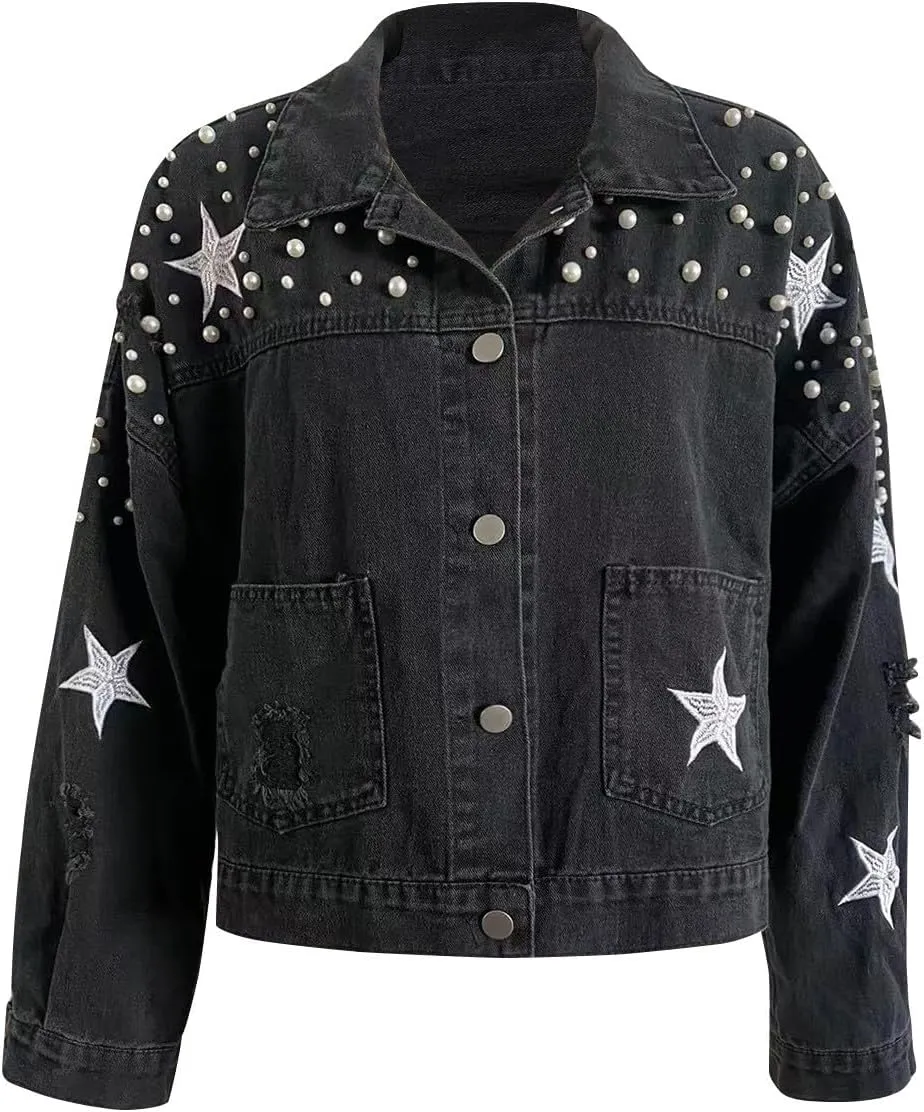 NATHGAM Women Fall Loose Embroidered Pearls Beading Jean Jacket Cropped Denim Jacket Teen Street Jean Coat with Pockets