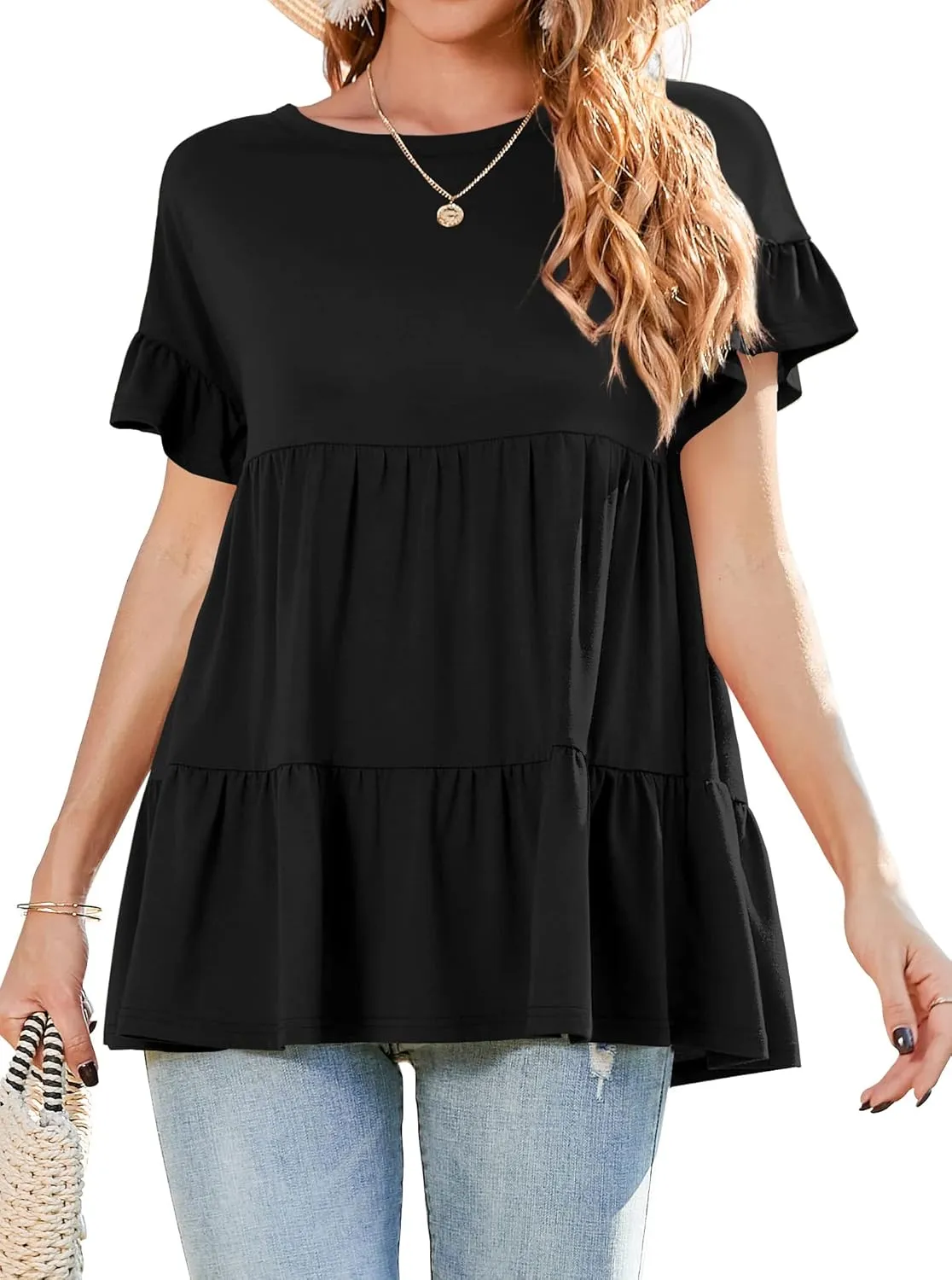 Neineiwu Women's Casual Ruffle Short Sleeve Crewneck Loose Tops Blouses Tunics