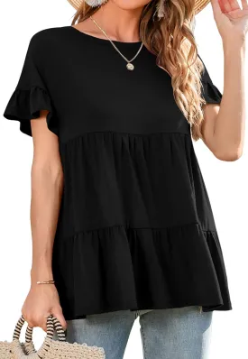 Neineiwu Women's Casual Ruffle Short Sleeve Crewneck Loose Tops Blouses Tunics