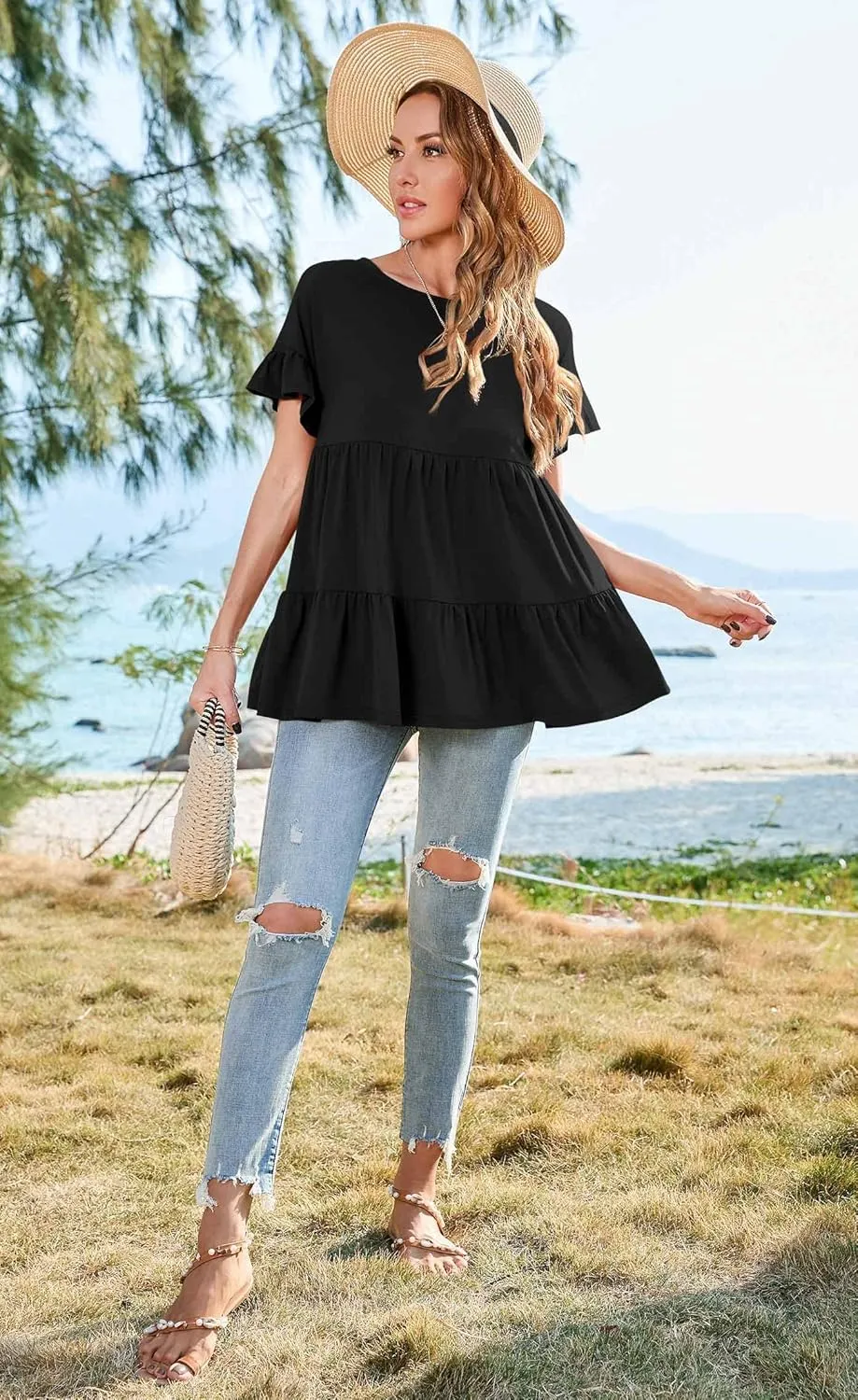Neineiwu Women's Casual Ruffle Short Sleeve Crewneck Loose Tops Blouses Tunics