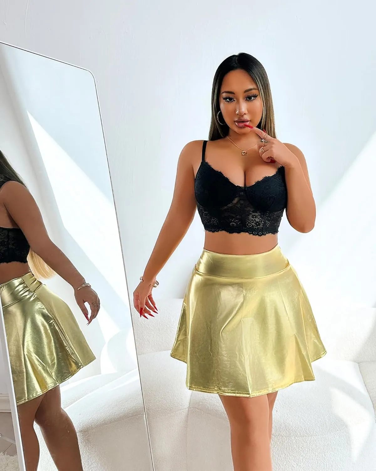 Pleated Flared Skirt Metallic Skater Skirts Shiny Flared Skort Nightclub Stage Performance Costumes Fashion Short Skirts