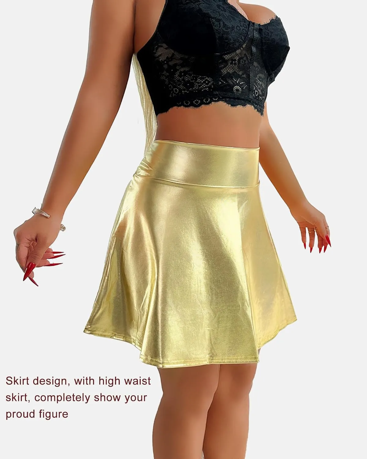 Pleated Flared Skirt Metallic Skater Skirts Shiny Flared Skort Nightclub Stage Performance Costumes Fashion Short Skirts