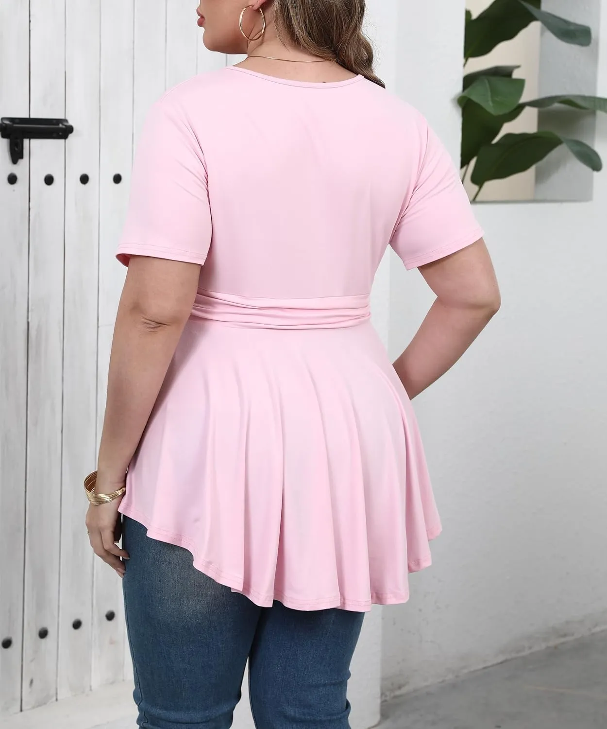 Plus Size Tops for Women 2025 Summer Short Sleeve V Neck Casual Shirts Dressy Pleated Wrap Tunic Top Blouses