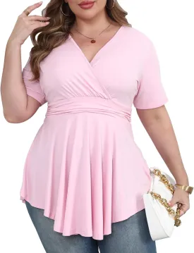 Plus Size Tops for Women 2025 Summer Short Sleeve V Neck Casual Shirts Dressy Pleated Wrap Tunic Top Blouses