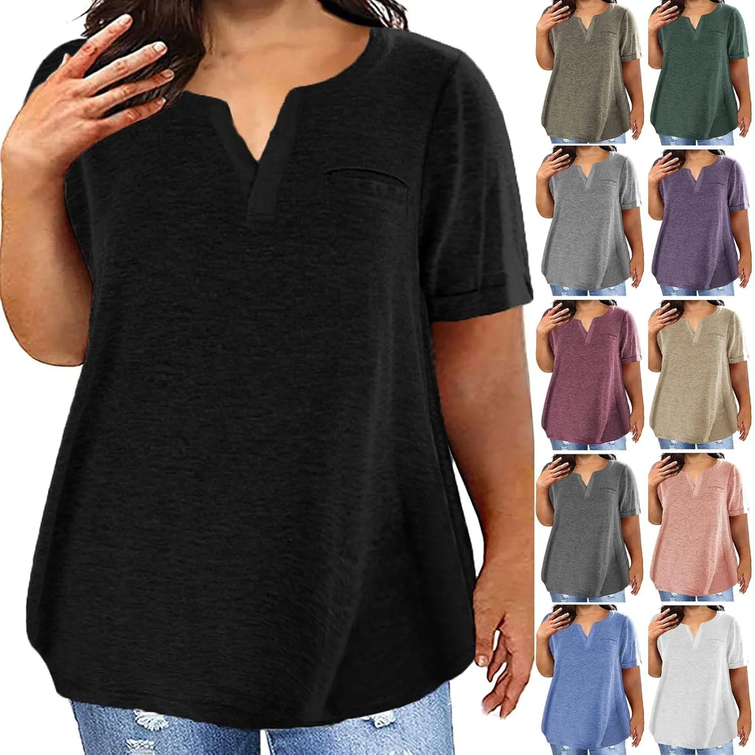 Plus Size Tops for Women Short Sleeve Oversized Henley Shirts V Neck Casual Fashion Tunic Top Basic Loose Blouses