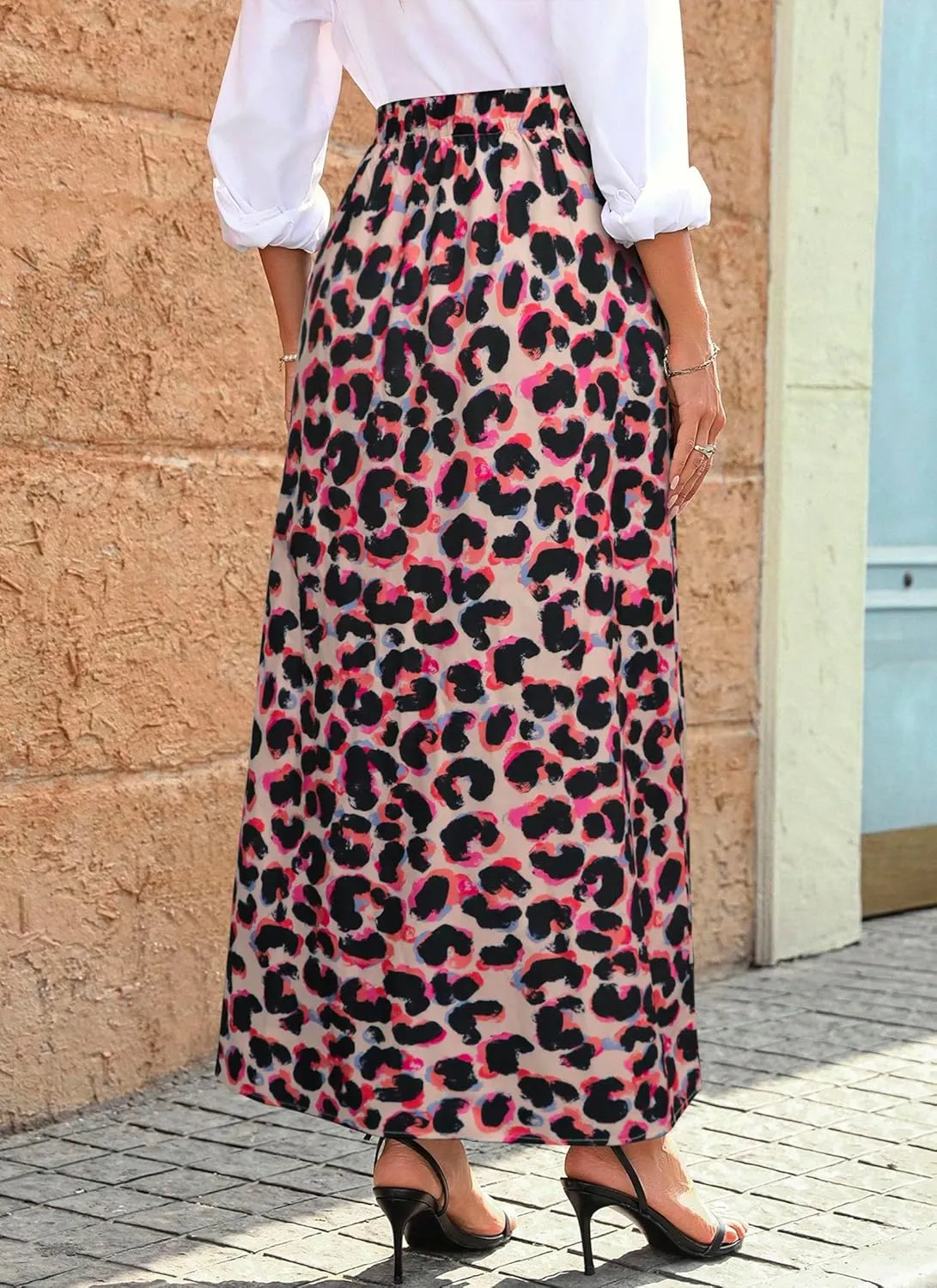 POPZONE Women's Maxi Skirts Elastic High Waist A-Line Skirts Front Split Skirts for Women with Pocket