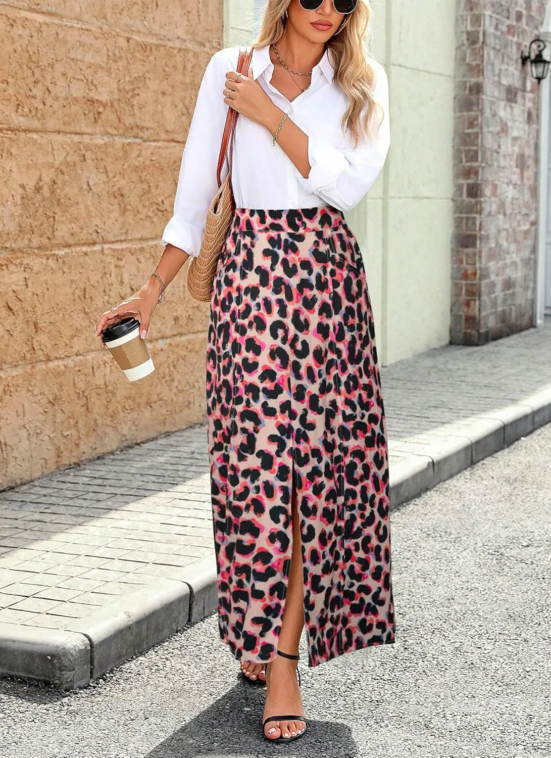 POPZONE Women's Maxi Skirts Elastic High Waist A-Line Skirts Front Split Skirts for Women with Pocket