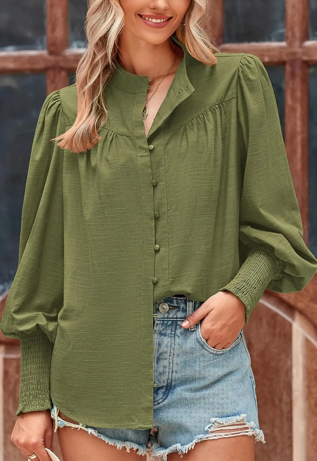 PRETTYGARDEN Womens Spring Long Sleeve Tops Dressy Casual Button Down Smocked Cuffed Office Business Work Blouses Shirts