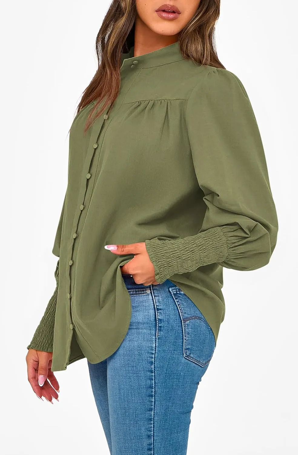PRETTYGARDEN Womens Spring Long Sleeve Tops Dressy Casual Button Down Smocked Cuffed Office Business Work Blouses Shirts