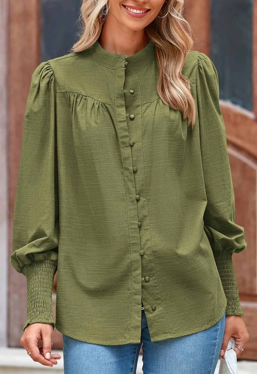 PRETTYGARDEN Womens Spring Long Sleeve Tops Dressy Casual Button Down Smocked Cuffed Office Business Work Blouses Shirts