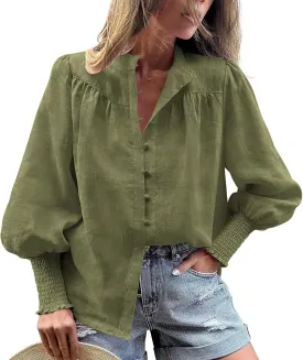 PRETTYGARDEN Womens Spring Long Sleeve Tops Dressy Casual Button Down Smocked Cuffed Office Business Work Blouses Shirts