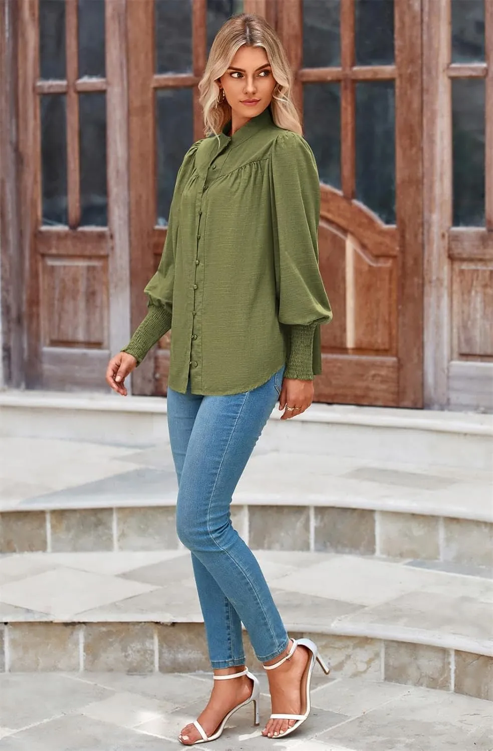 PRETTYGARDEN Womens Spring Long Sleeve Tops Dressy Casual Button Down Smocked Cuffed Office Business Work Blouses Shirts