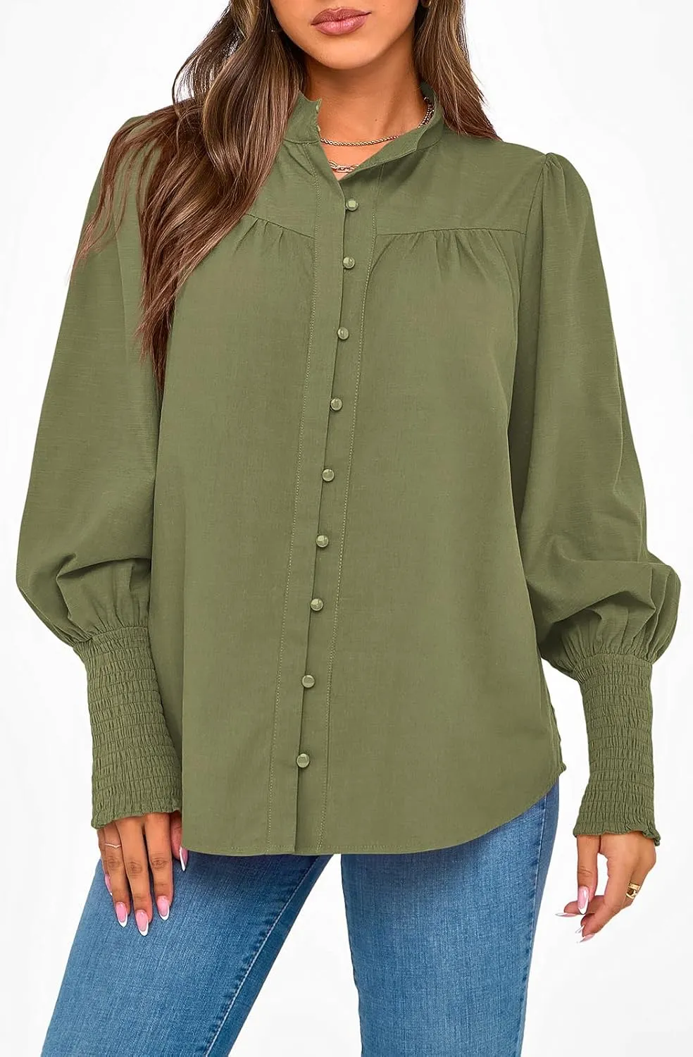 PRETTYGARDEN Womens Spring Long Sleeve Tops Dressy Casual Button Down Smocked Cuffed Office Business Work Blouses Shirts