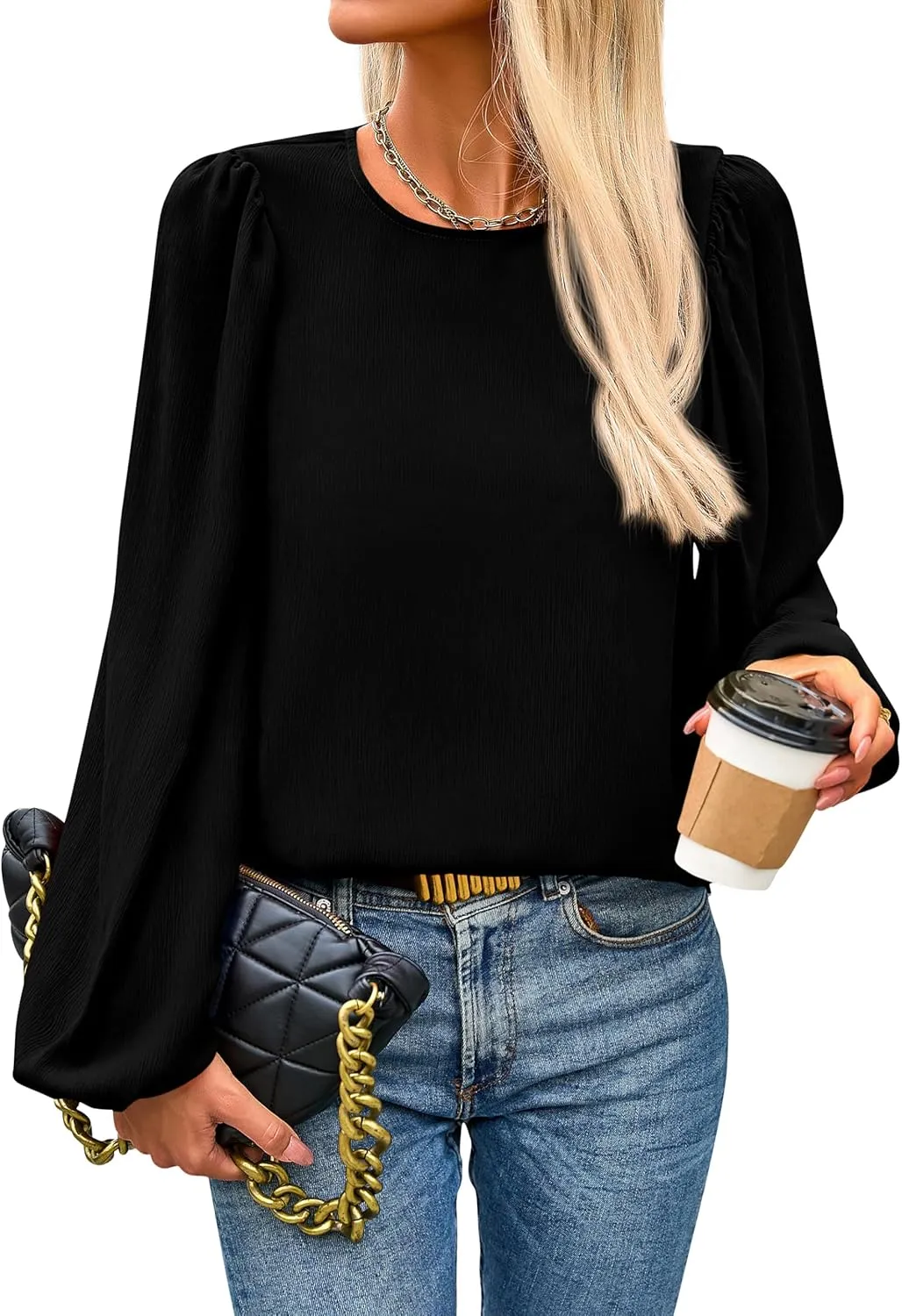 PRETTYGARDEN Womens Tops 2025 Spring Puff Long Sleeve Chiffon Work Blouses Dressy Casual Crewneck Flowy Shirts Fall Outfits