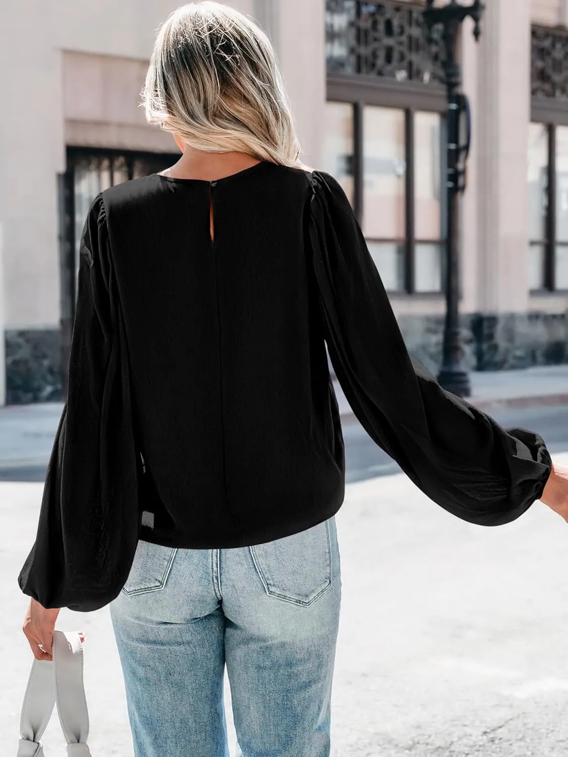 PRETTYGARDEN Womens Tops 2025 Spring Puff Long Sleeve Chiffon Work Blouses Dressy Casual Crewneck Flowy Shirts Fall Outfits