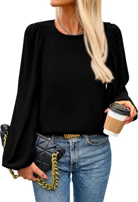 PRETTYGARDEN Womens Tops 2025 Spring Puff Long Sleeve Chiffon Work Blouses Dressy Casual Crewneck Flowy Shirts Fall Outfits