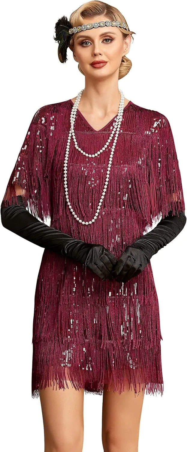 PrettyGuide Women's Flapper Dresses with Sleeves Tiered Long Fringed Sequin 1920s Great Gatsby Cocktail Dress Costume