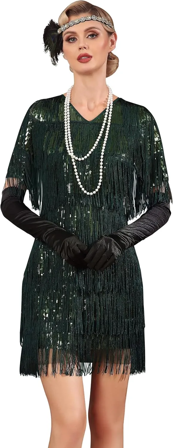 PrettyGuide Women's Flapper Dresses with Sleeves Tiered Long Fringed Sequin 1920s Great Gatsby Cocktail Dress Costume