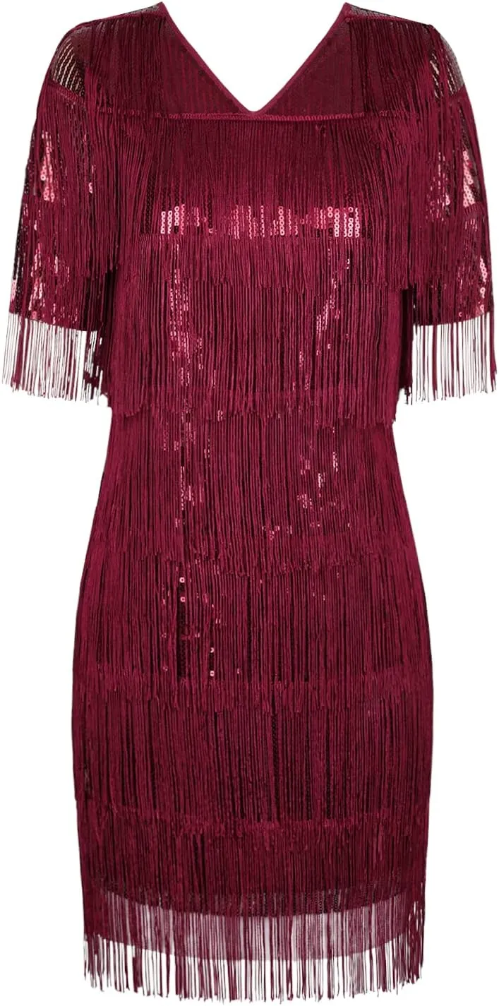 PrettyGuide Women's Flapper Dresses with Sleeves Tiered Long Fringed Sequin 1920s Great Gatsby Cocktail Dress Costume
