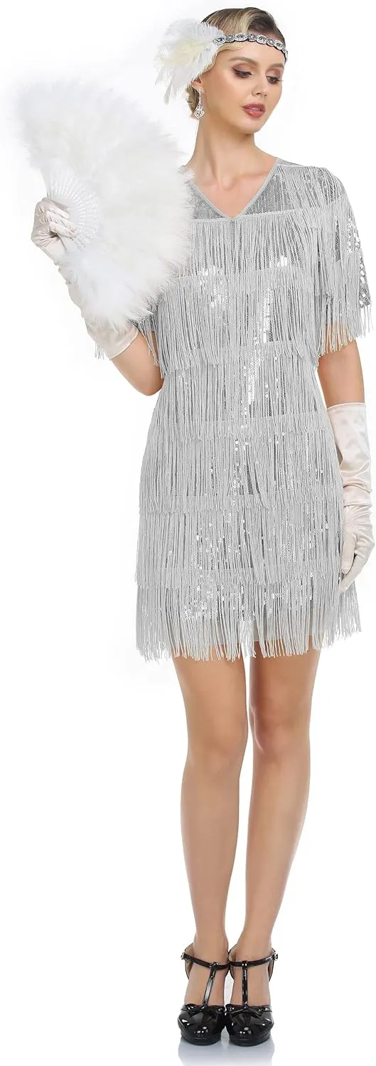 PrettyGuide Women's Flapper Dresses with Sleeves Tiered Long Fringed Sequin 1920s Great Gatsby Cocktail Dress Costume