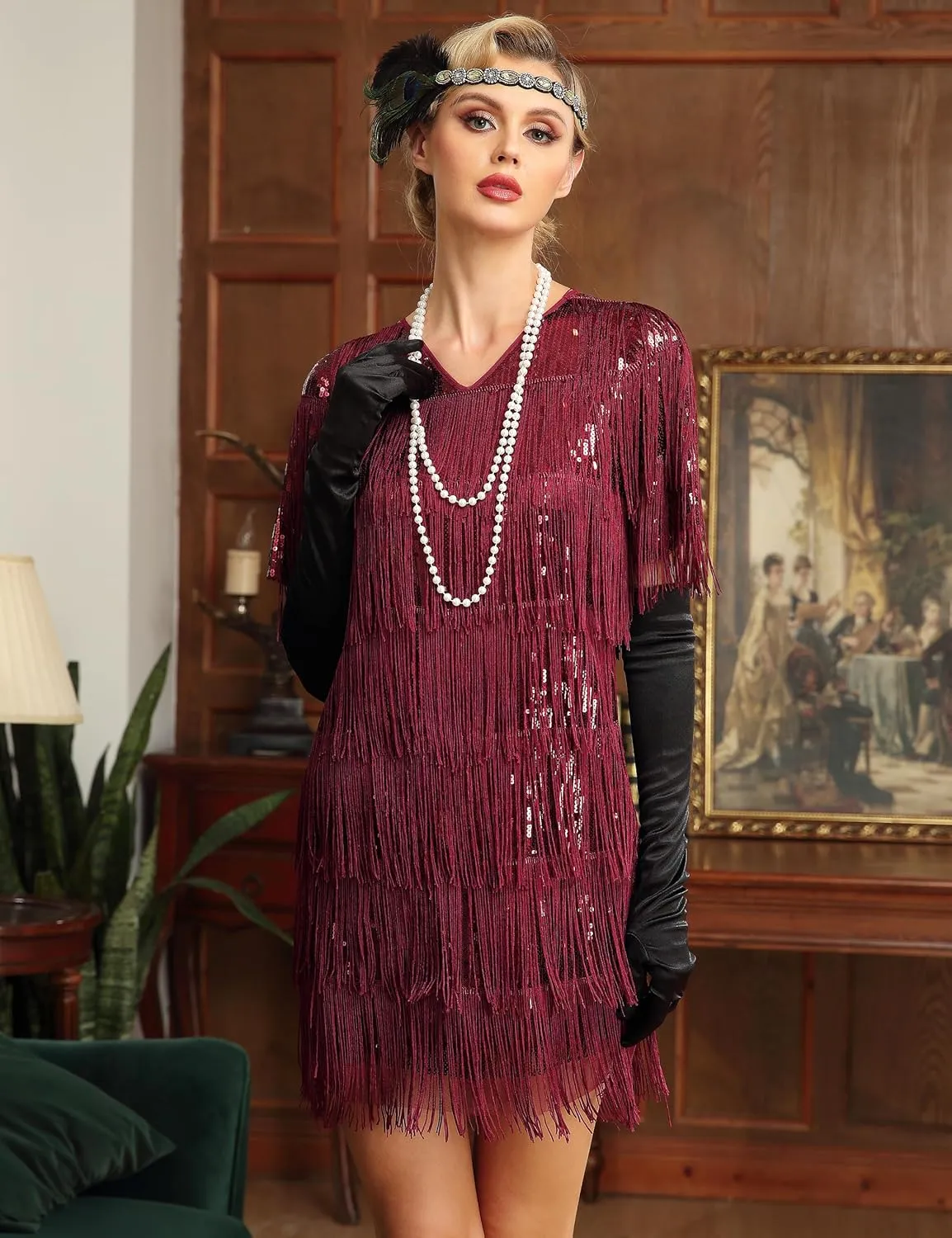 PrettyGuide Women's Flapper Dresses with Sleeves Tiered Long Fringed Sequin 1920s Great Gatsby Cocktail Dress Costume