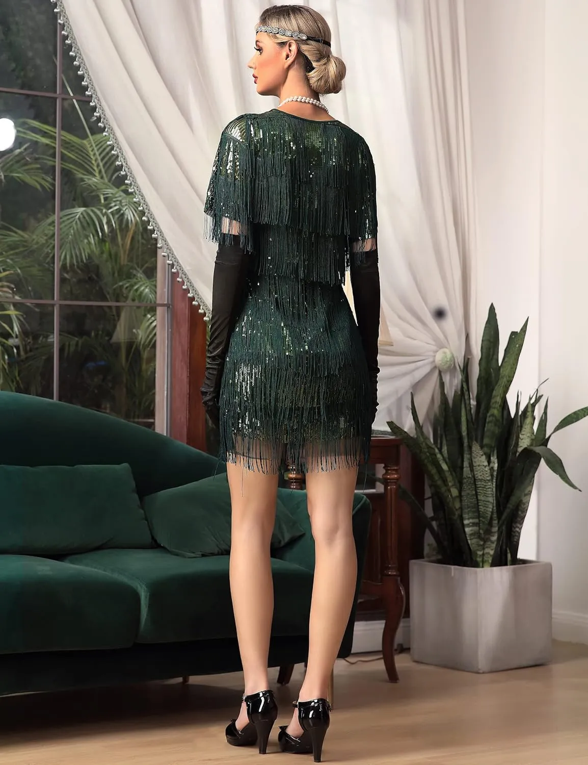 PrettyGuide Women's Flapper Dresses with Sleeves Tiered Long Fringed Sequin 1920s Great Gatsby Cocktail Dress Costume