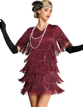 PrettyGuide Women's Flapper Dresses with Sleeves Tiered Long Fringed Sequin 1920s Great Gatsby Cocktail Dress Costume