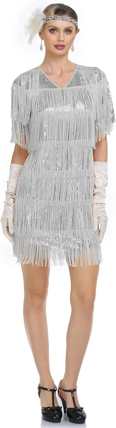 PrettyGuide Women's Flapper Dresses with Sleeves Tiered Long Fringed Sequin 1920s Great Gatsby Cocktail Dress Costume