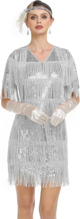 PrettyGuide Women's Flapper Dresses with Sleeves Tiered Long Fringed Sequin 1920s Great Gatsby Cocktail Dress Costume