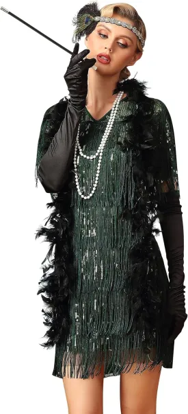 PrettyGuide Women's Flapper Dresses with Sleeves Tiered Long Fringed Sequin 1920s Great Gatsby Cocktail Dress Costume
