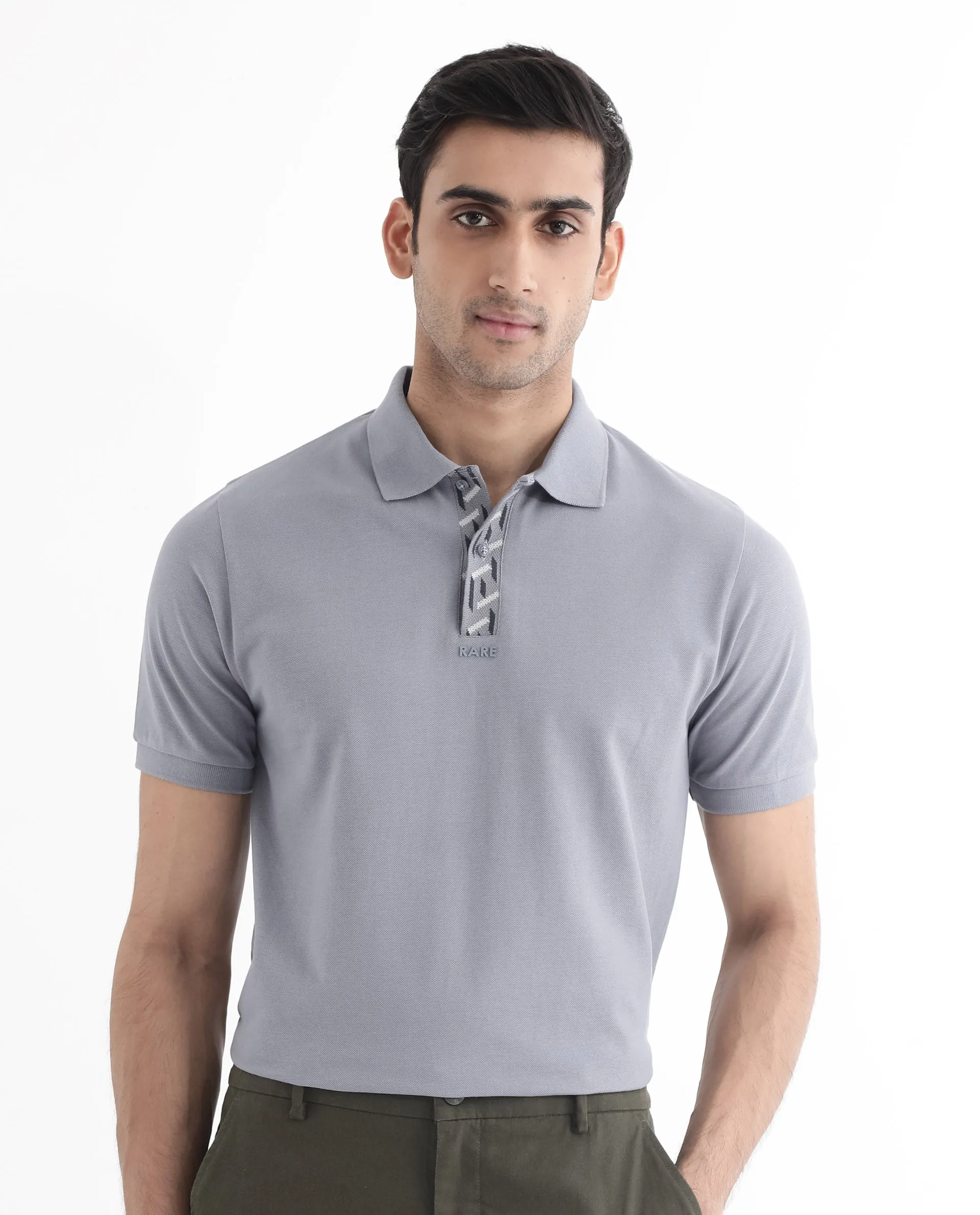 Rare Rabbit Men's Ark Grey Cotton Fabric Short Sleeve Button Closure Regular Fit Plain Polo T-Shirt