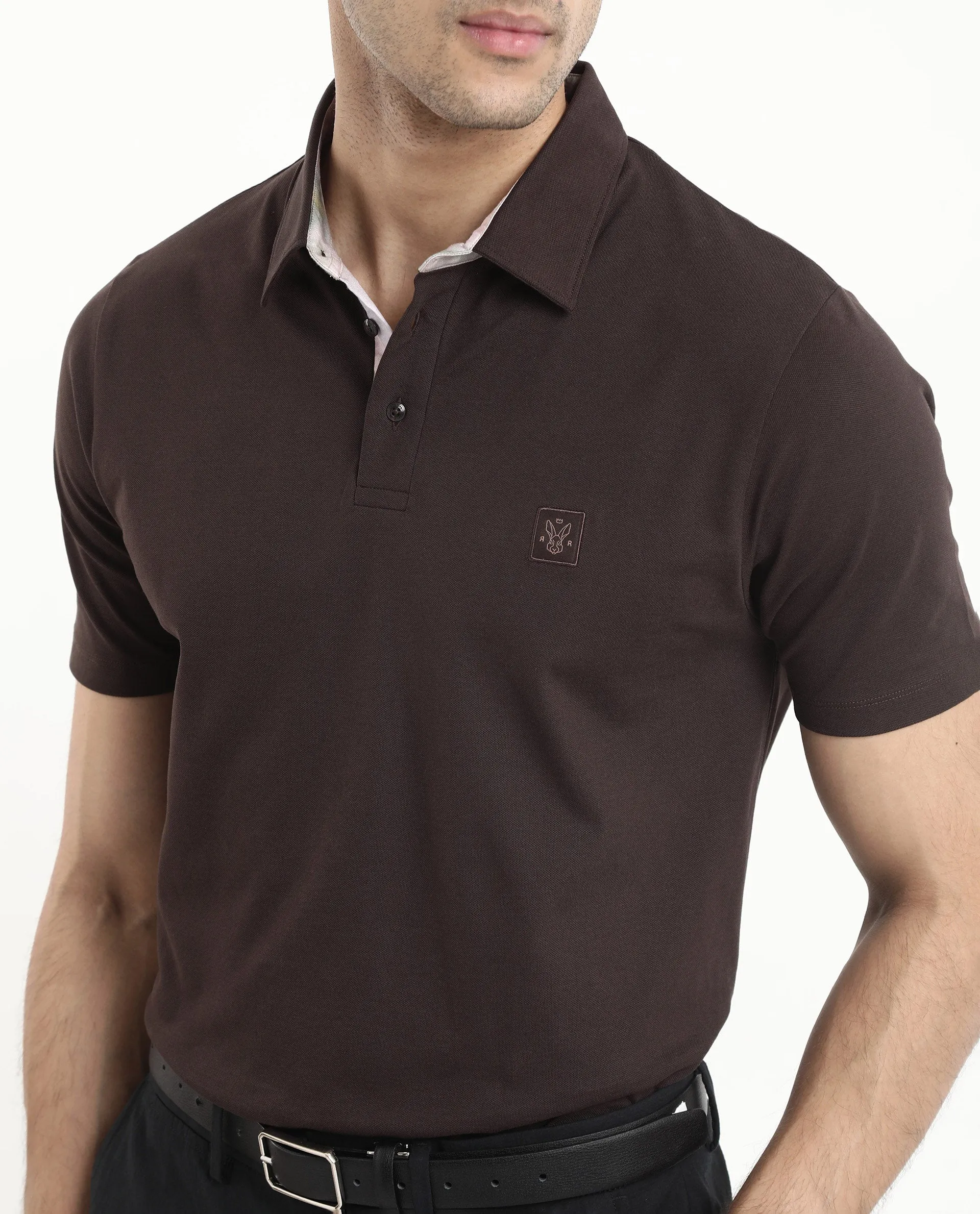 Rare Rabbit Men's Spencer Dark Brown Short Sleeve Button Closure Regular Fit Solid Polo T-Shirt