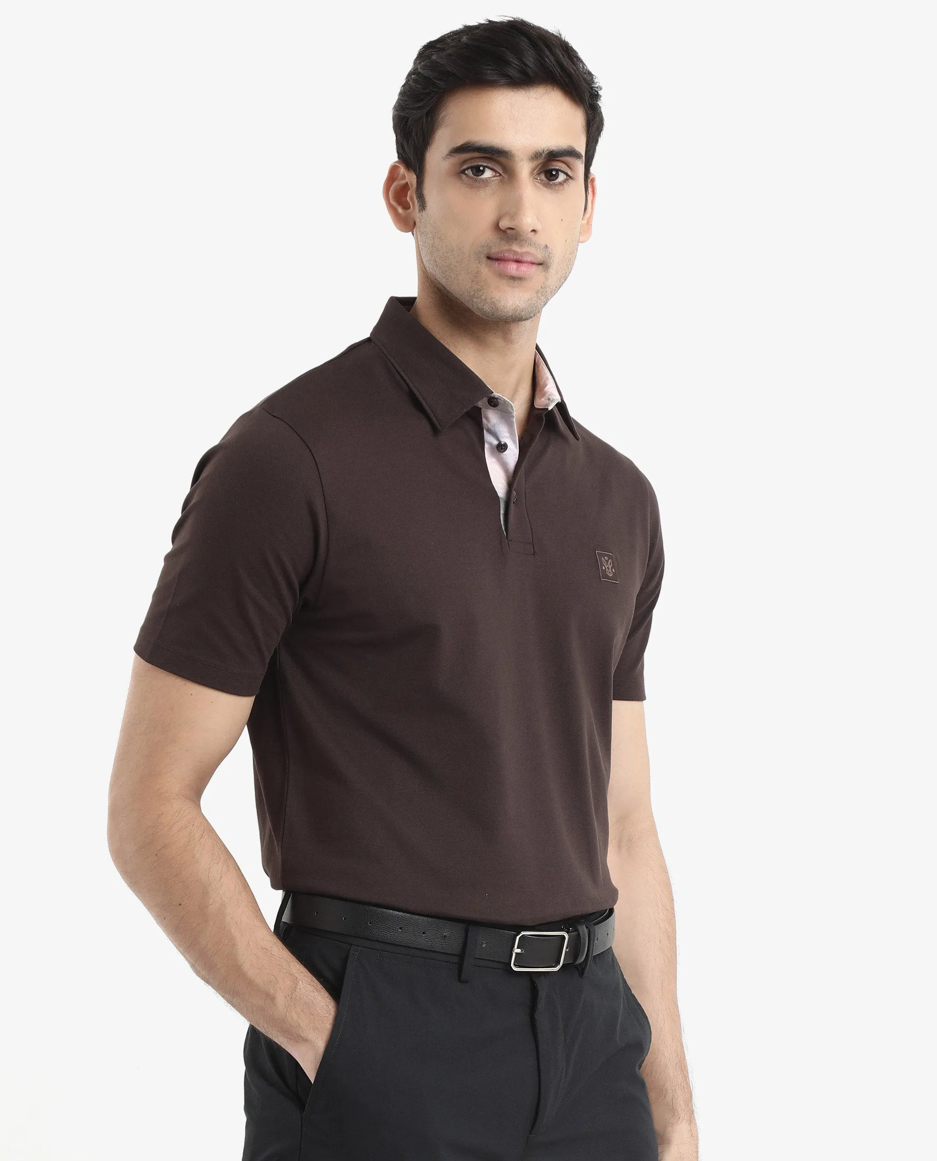 Rare Rabbit Men's Spencer Dark Brown Short Sleeve Button Closure Regular Fit Solid Polo T-Shirt