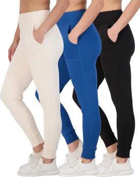 Real Essentials 3 Pack: Women's Joggers with Pockets - High Waist Workout Yoga Tapered Athletic Leggings (Available in Plus)