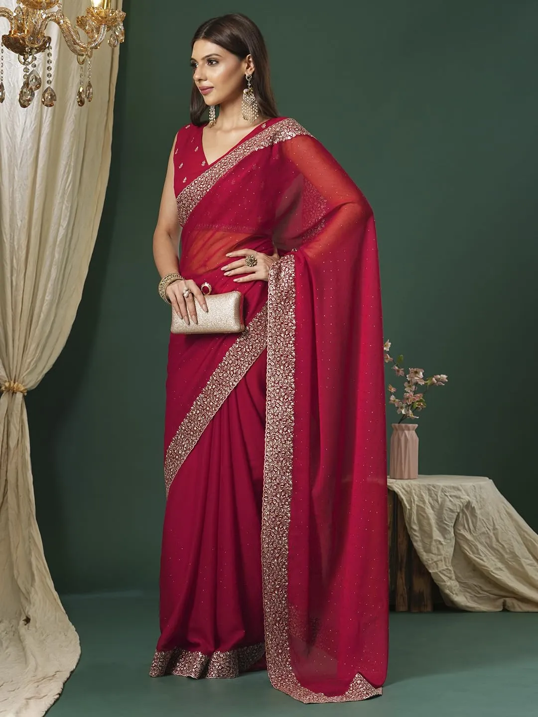 SAREE MALL Women's Pink Chiffon Embroidered Saree With Unstitched Blouse (JAYSHREE4001_JS)