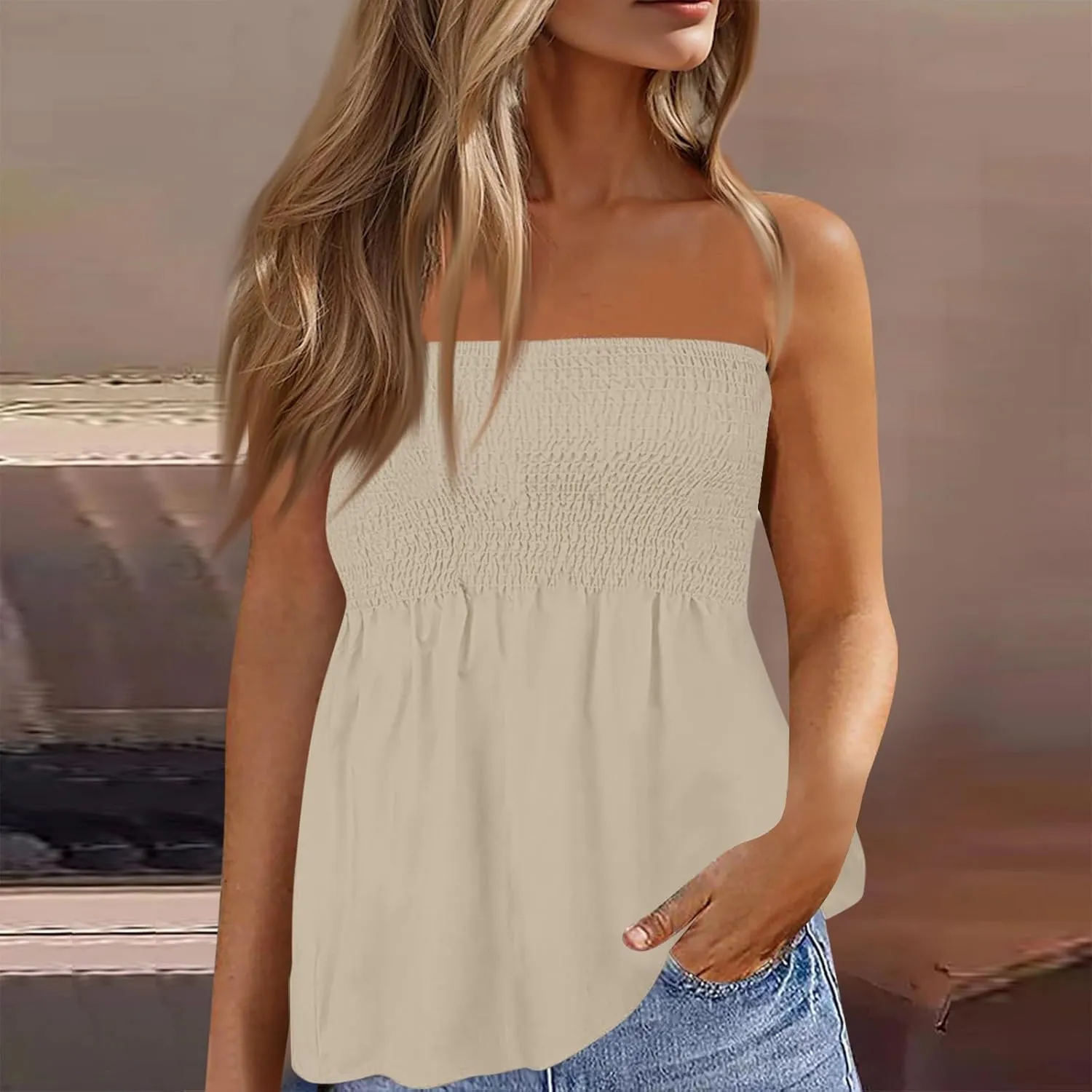 Sexy Tank Tops for Women Summer Strapless Tube Top Flare Hem Bandeau Backless Funny Shirts Holiday Sleeveless Blouse