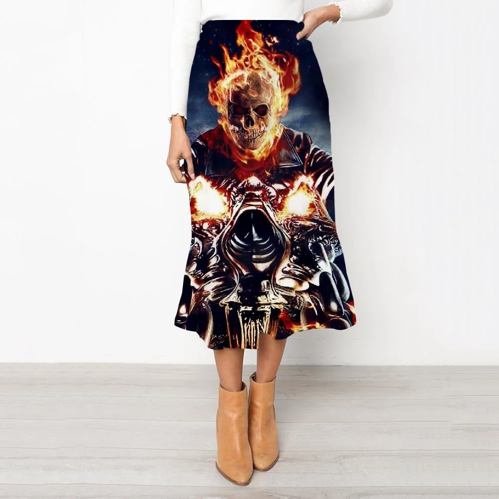 Skull Skirts Women Punk High waist skirts Flame Skirt Ladies Motorcycle Rock Frauen