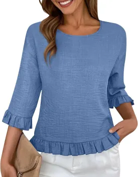 Summer Tops for Seniors 3/4 Sleeve Tops Cute Lightweight Ruffle Sleeve Shirts Loose Fit Solid Color Daily Wear Blouses