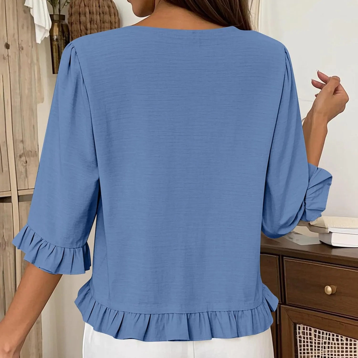 Summer Tops for Seniors 3/4 Sleeve Tops Cute Lightweight Ruffle Sleeve Shirts Loose Fit Solid Color Daily Wear Blouses