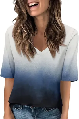 Summer Tops for Women 2025 Half Sleeve Top Printed V Neck Shirts Gradient Loose Fit Elbow Length Sleeve Blouse