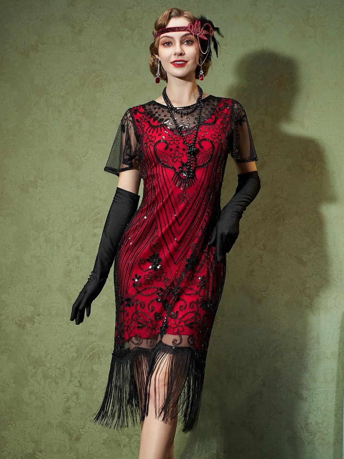 SWEETV Women's Flapper Dresses 1920s Dresses for Women,Crew Neck Great Gatsby Dresses with Sleeve-Roaring 20s Costumes