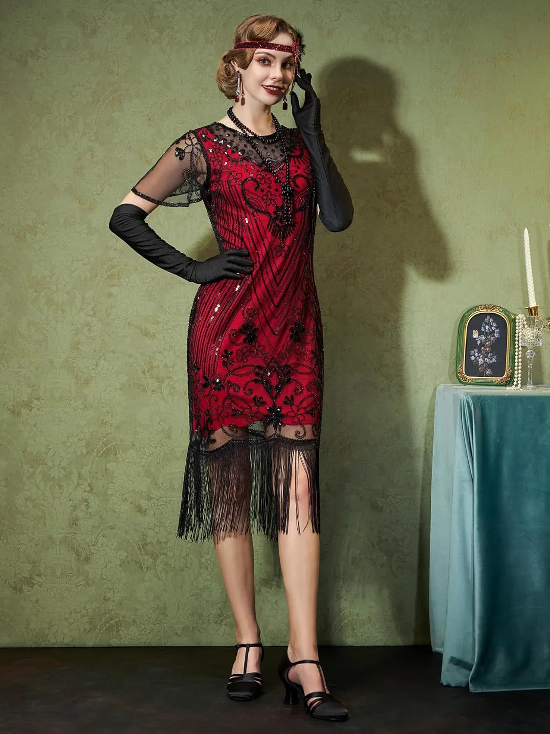 SWEETV Women's Flapper Dresses 1920s Dresses for Women,Crew Neck Great Gatsby Dresses with Sleeve-Roaring 20s Costumes